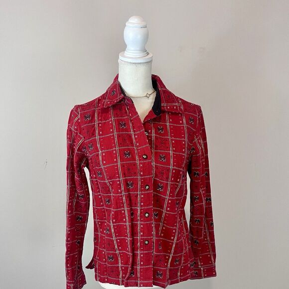 krazy kat Tops - Krazy Kat Button Up Shirt Womens Size S Red Plaid Christmas Novelty Top Vintage